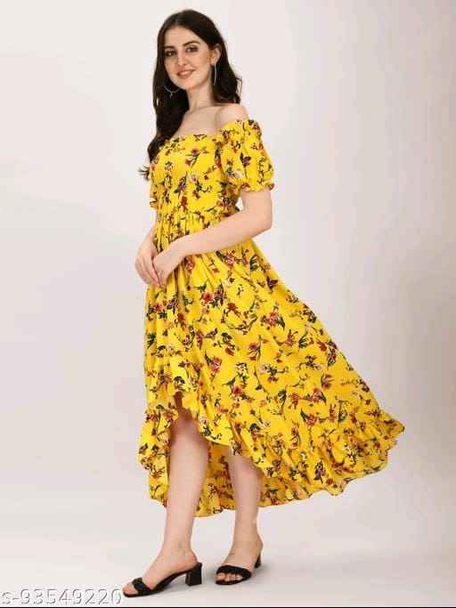 Yellow Crepe Pleated Knee Length Dress