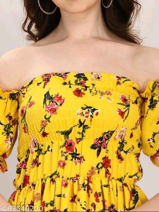 Yellow Crepe Pleated Knee Length Dress