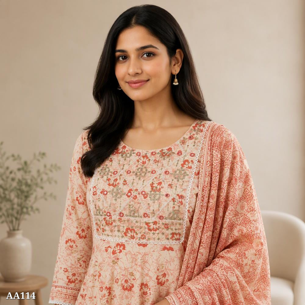 Cotton Anarkali Kurti Pant Dupatta Set