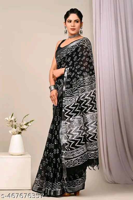 Indigo Printed Cotton Saree - OrderMeFirst
