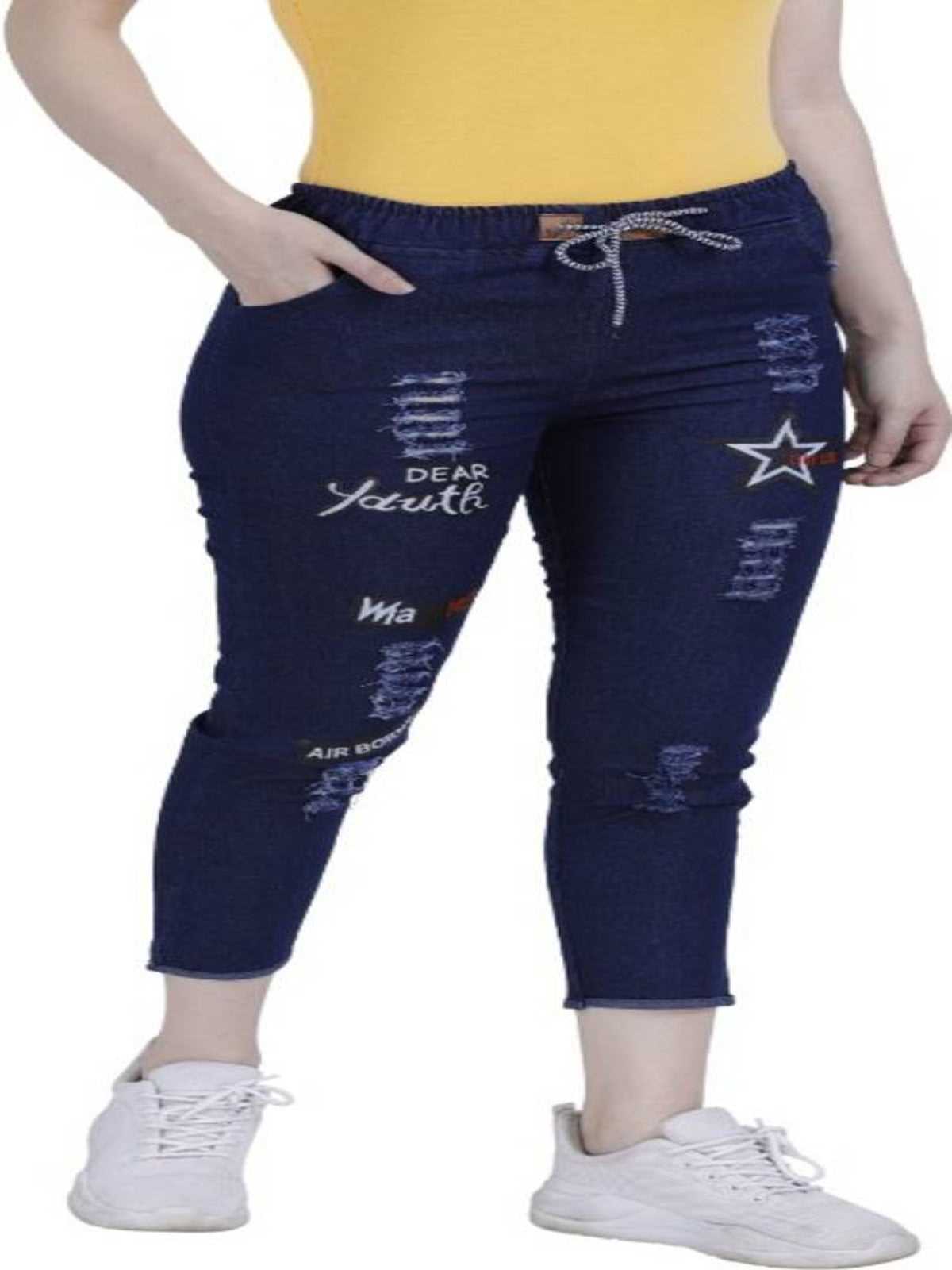 Ayrin Stylish Dark Blue Printed Embellished Denim Jegging For Women OrderMeFirst