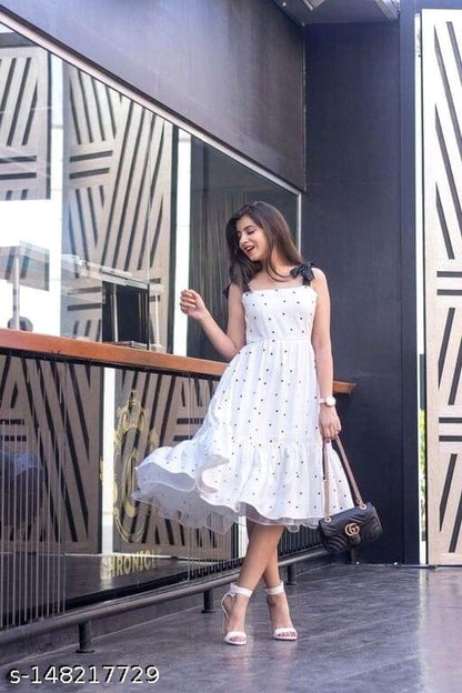 Beautiful Polka Print Fit & Flared White Dress OrderMeFirst