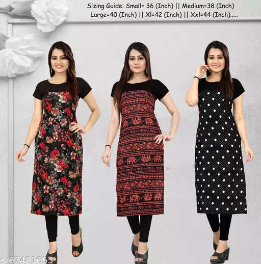 Buy 2 Get 1 Free - Crepe Printed Straight Kurti OrderMeFirst