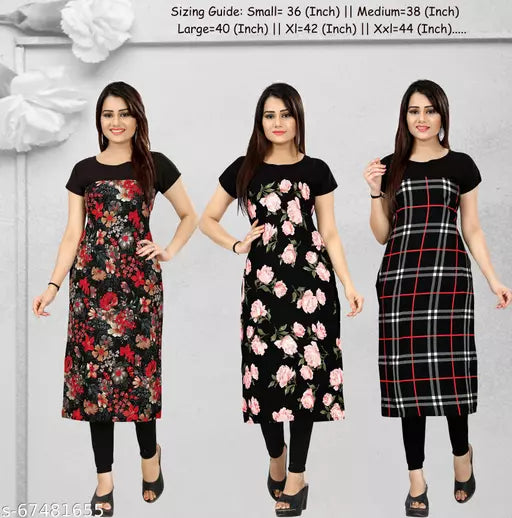 Buy 2 Get 1 Free - Crepe Printed Straight Kurti OrderMeFirst