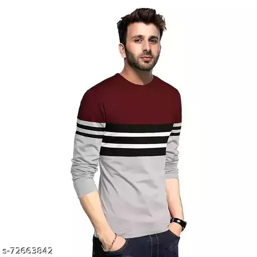 Cotton Maroon Long Sleeves Striped Tshirts OrderMeFirst