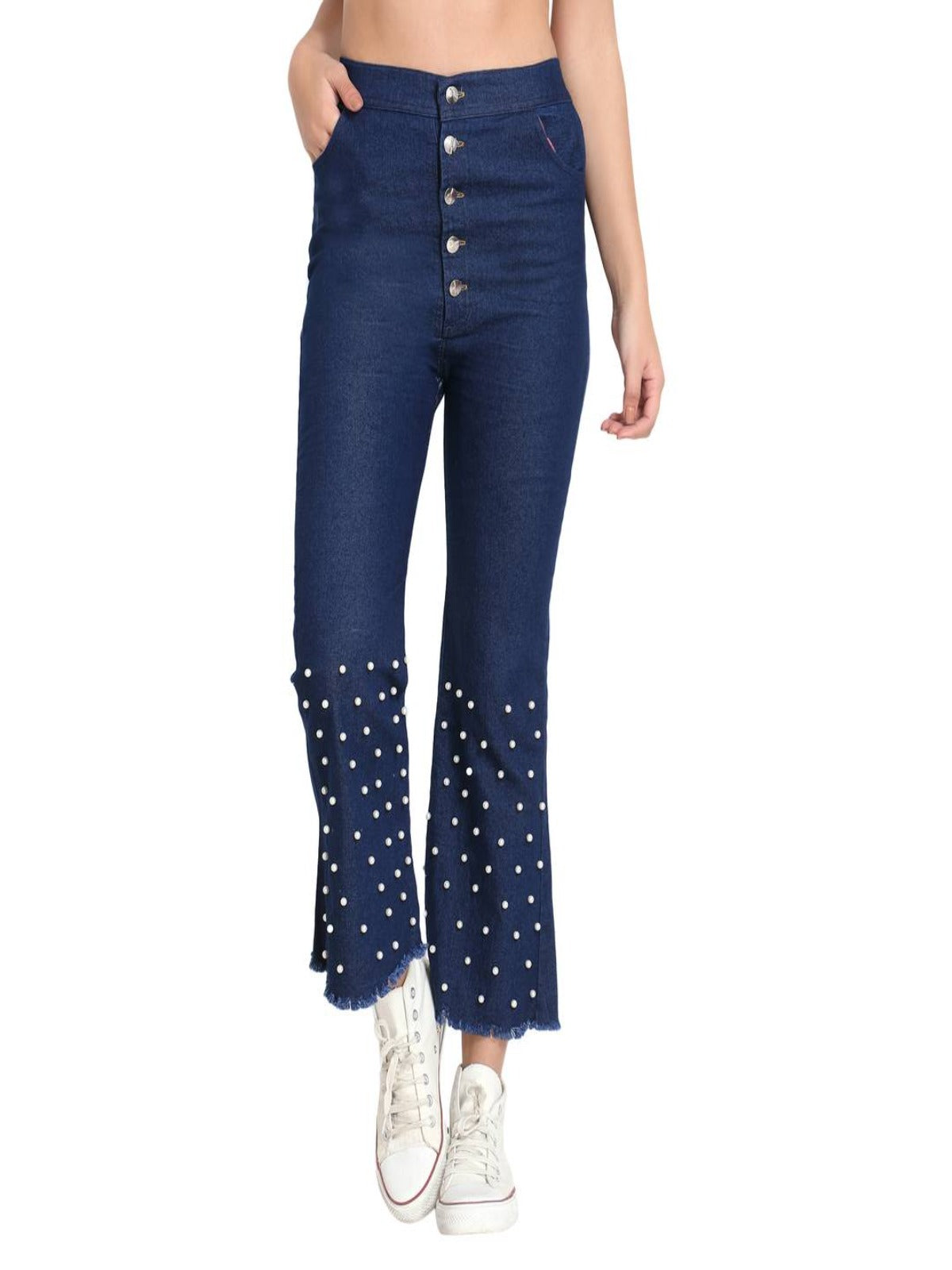 Dark Blue Pearl Embellished Flared Jeans OrderMeFirst