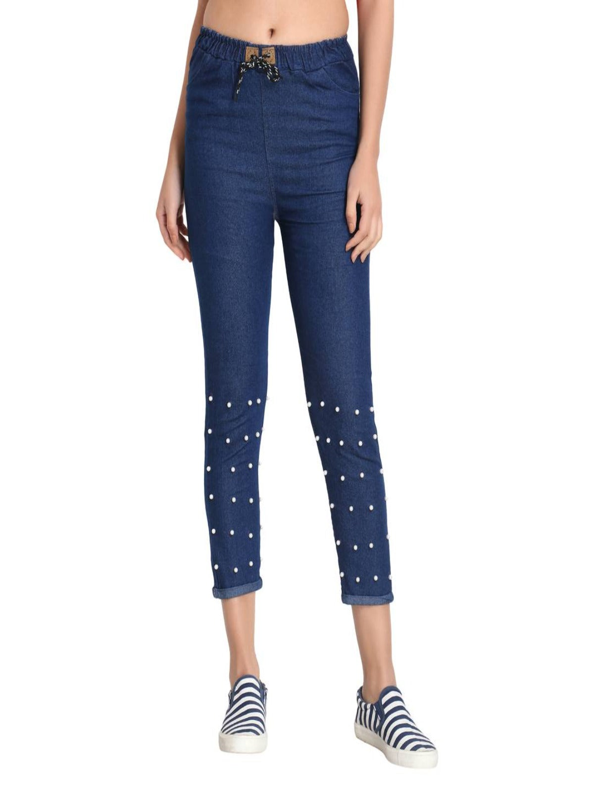 Dark Blue Pearl Embellished Skinny Denim Jeans OrderMeFirst