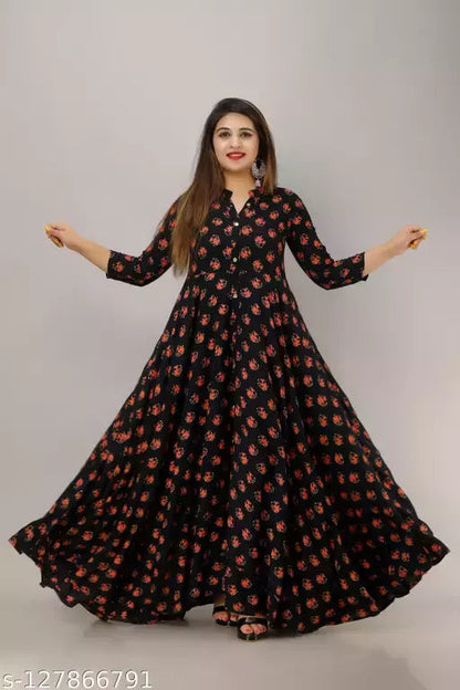 Flared Printed Anarkali gown in Dark Blue OrderMeFirst