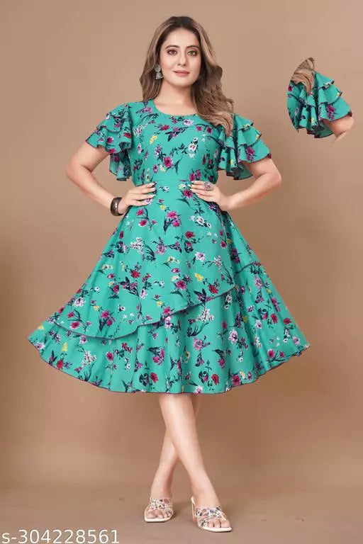 Floral Print Layered Knee Length Dress OrderMeFirst