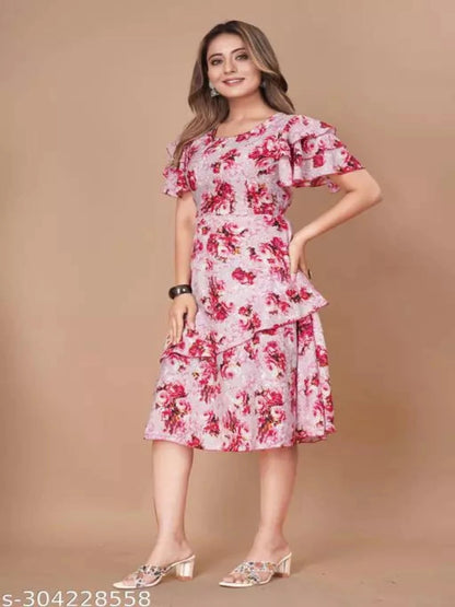 Floral Print Layered Knee Length Dress OrderMeFirst