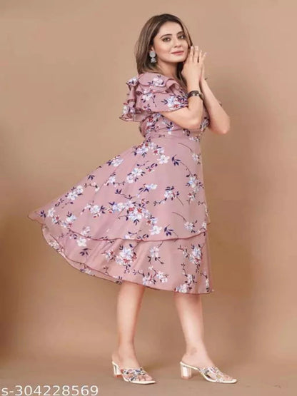 Floral Print Layered Knee Length Dress OrderMeFirst