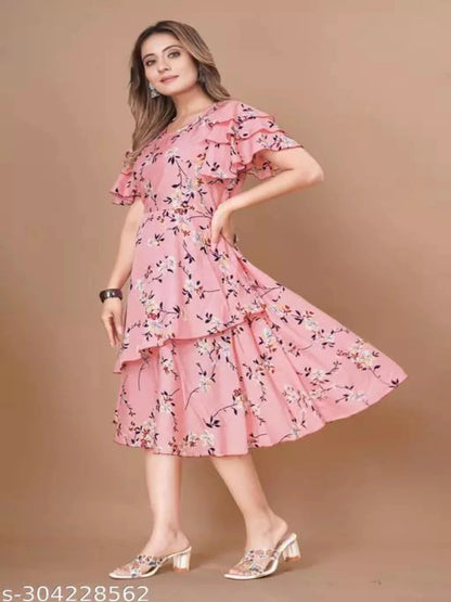 Floral Print Layered Knee Length Dress OrderMeFirst