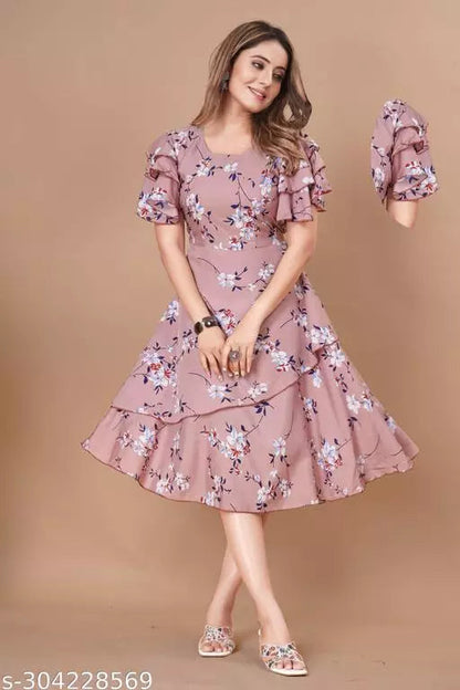 Floral Print Layered Knee Length Dress OrderMeFirst