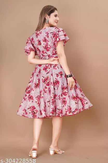 Floral Print Layered Knee Length Dress OrderMeFirst