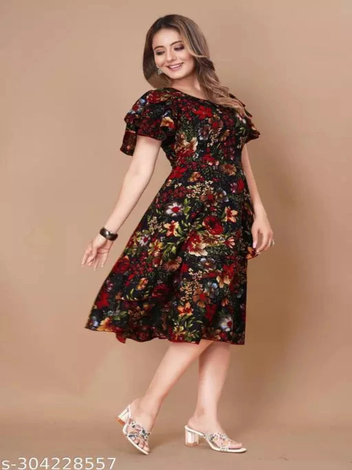 Floral Print Layered Knee Length Dress OrderMeFirst