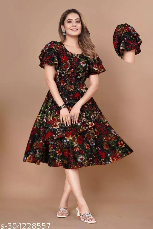 Floral Print Layered Knee Length Dress OrderMeFirst