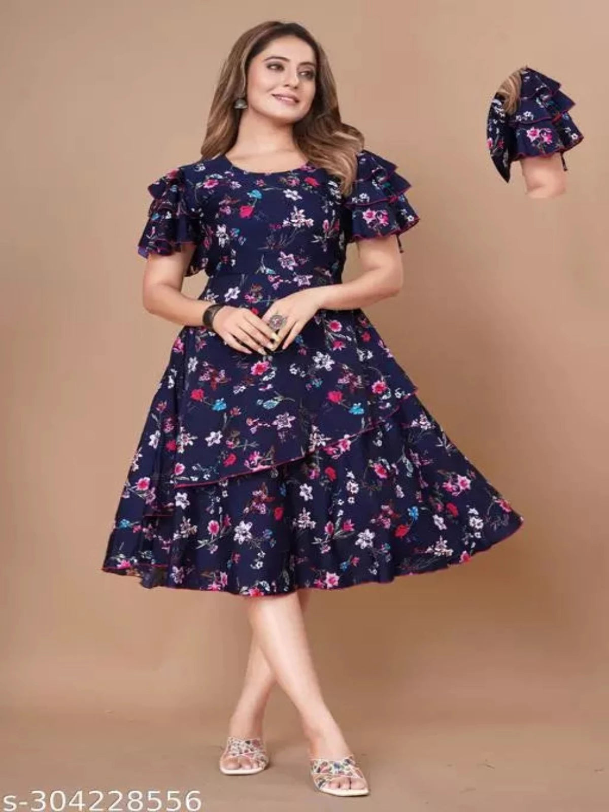 Floral Print Layered Knee Length Dress OrderMeFirst