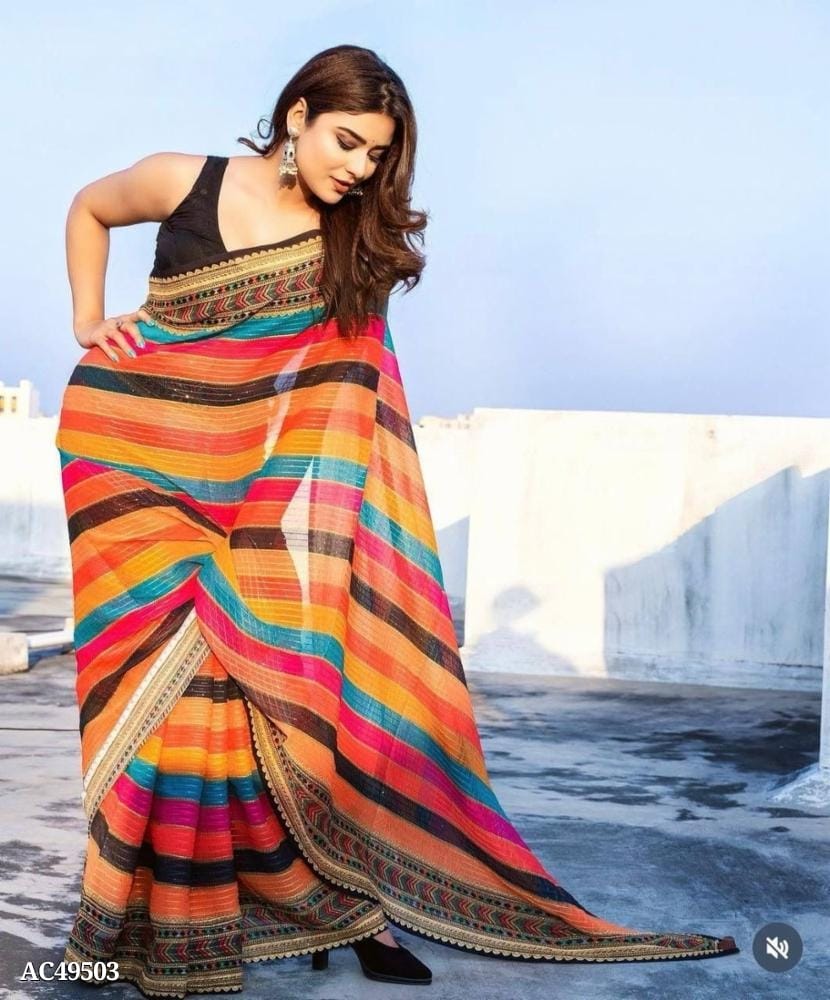 Georgette Saree With Sequence Work Line OrderMeFirst