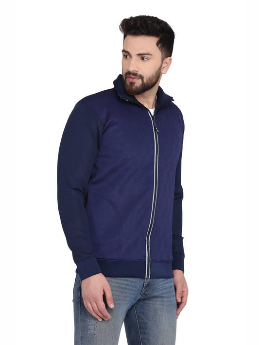 Men Navy Blue Polyester Blend Front Zip Jacket OrderMeFirst