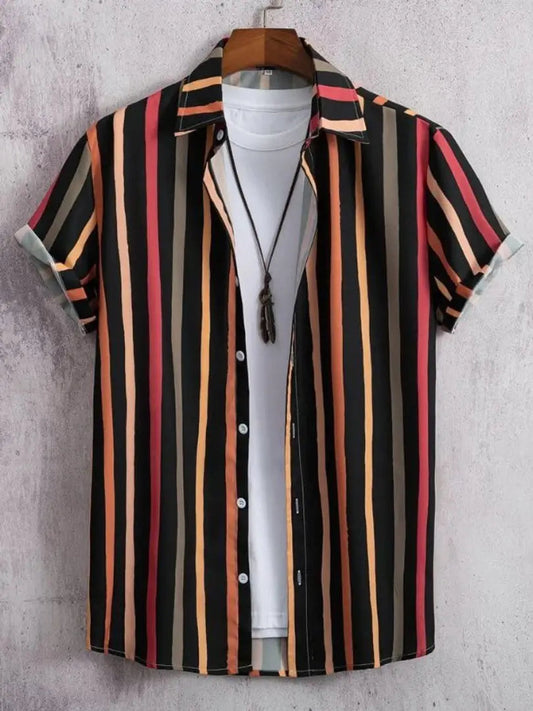 Men Regular Fit Striped Mandarin Collar Casual Shirt OrderMeFirst