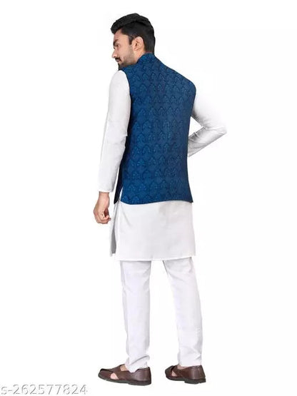 Men blue Cotton Nehru Jacket, OrderMeFirst