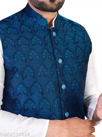 Men blue Cotton Nehru Jacket, OrderMeFirst