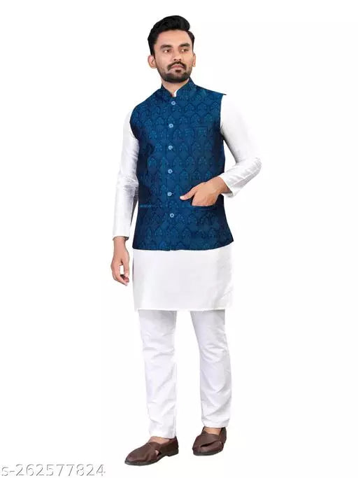 Men blue Cotton Nehru Jacket, OrderMeFirst