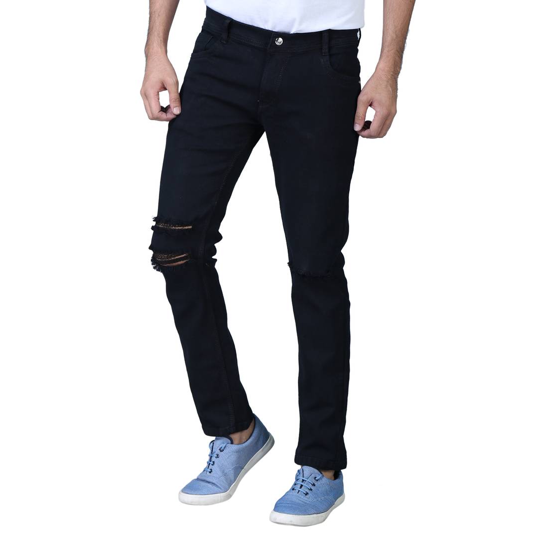 Men's Black Denim Distress Regular Fit Jeans OrderMeFirst