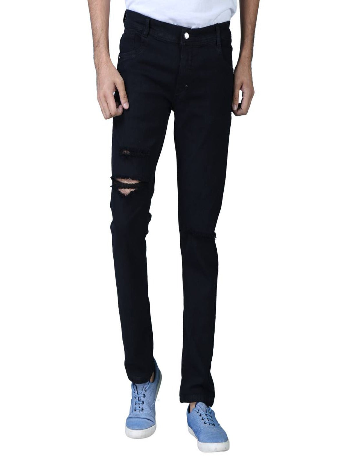 Men's Black Denim Distress Regular Fit Jeans OrderMeFirst