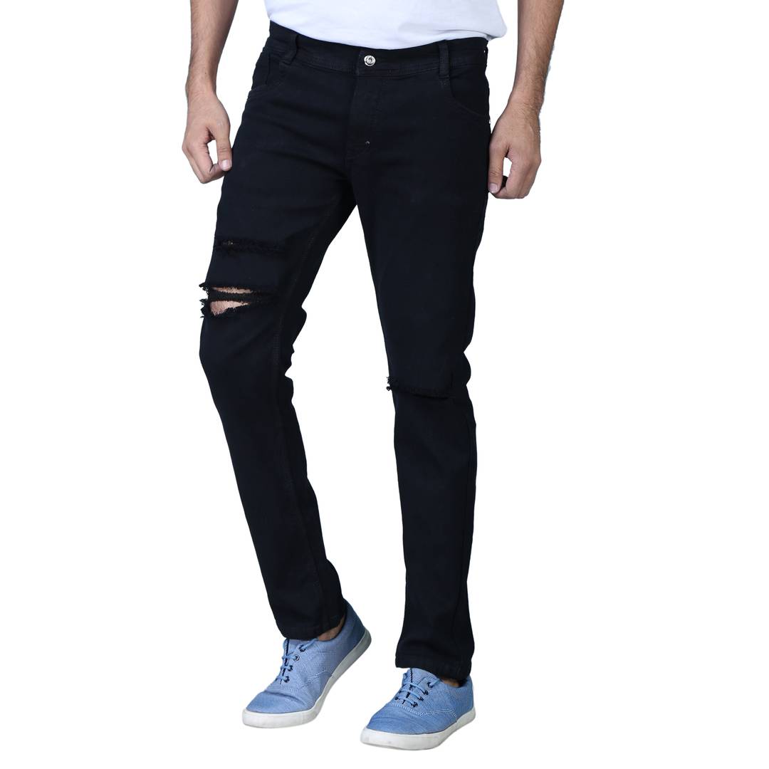 Men's Black Denim Distress Regular Fit Jeans OrderMeFirst