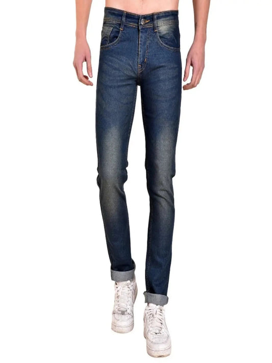 Men's Blue Cotton Spandex Faded Regular Fit Mid-Rise Jeans OrderMeFirst