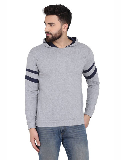 Men's Grey Cotton Blend Hoodie with stripes OrderMeFirst