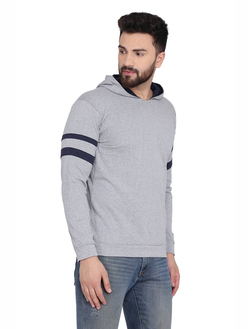 Men's Grey Cotton Blend Hoodie with stripes OrderMeFirst