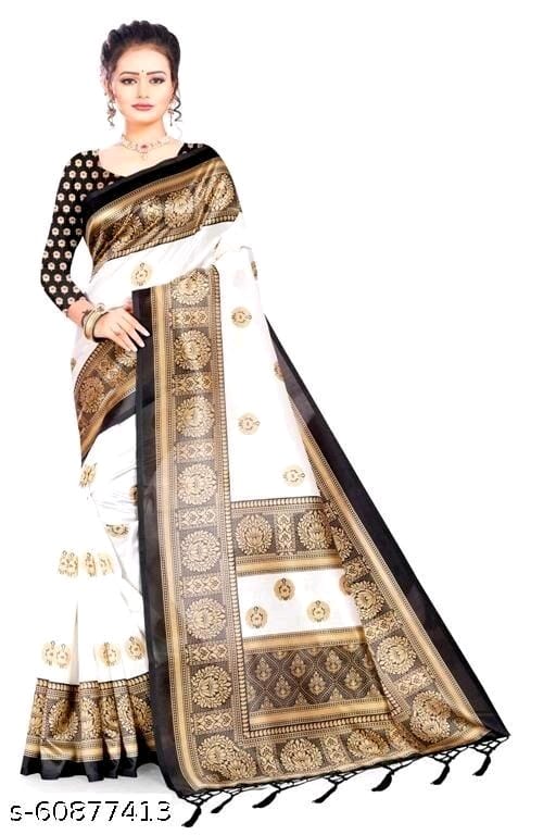 Mysore Silk Art Silk White Tassels and Latkans Saree With Blouse OrderMeFirst