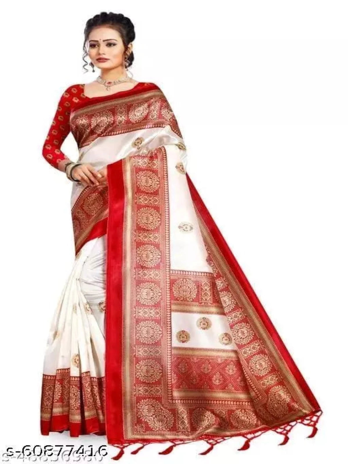 Mysore Silk Art Silk White Tassels and Latkans Saree With Blouse OrderMeFirst