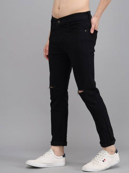 New Stylish Denim Slim Fit Black Knee Cut Jeans For Men OrderMeFirst