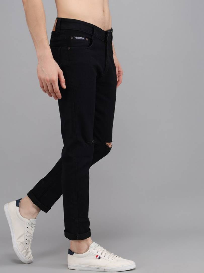 New Stylish Denim Slim Fit Black Knee Cut Jeans For Men OrderMeFirst