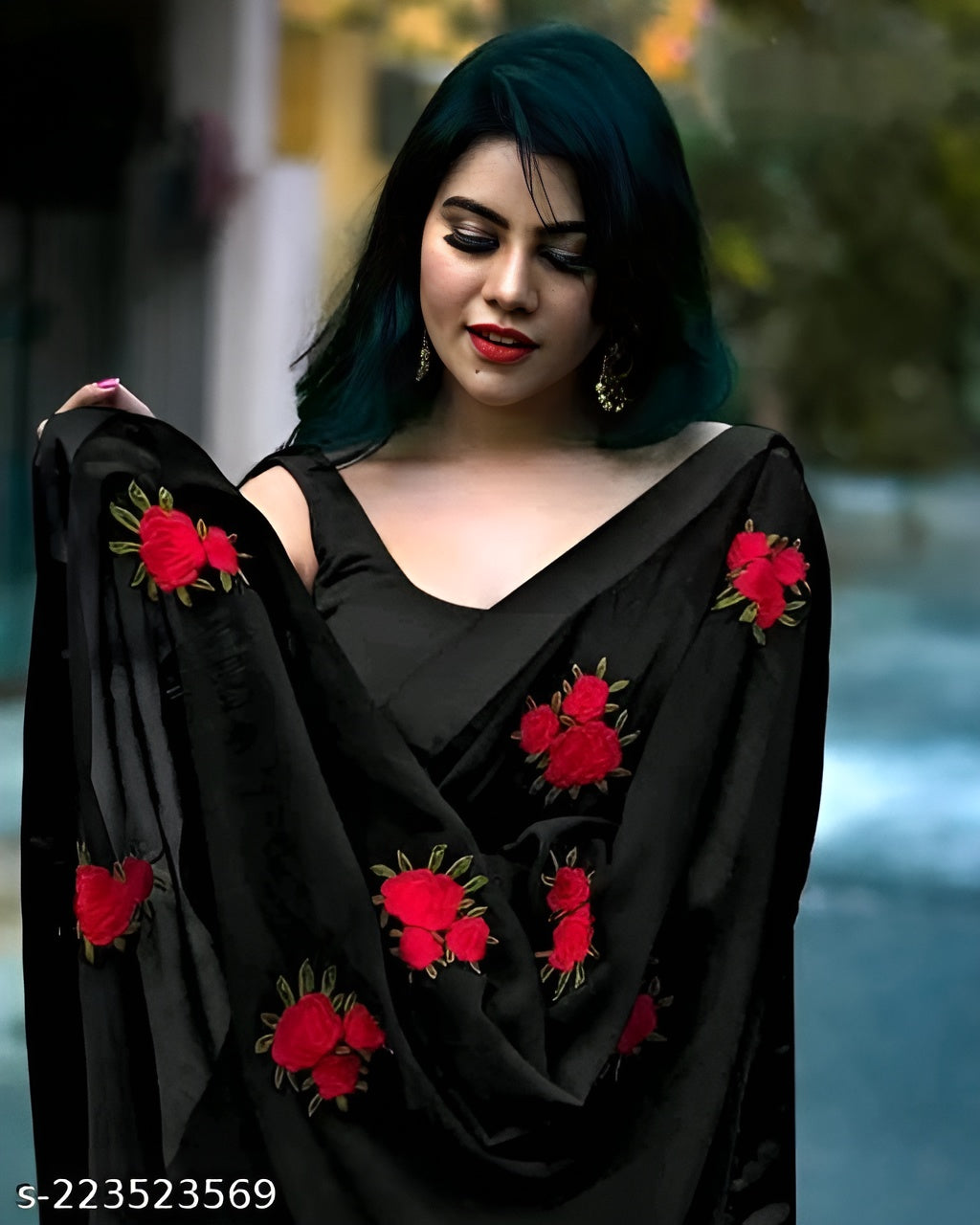 Party Wear Black Color Georgette Chiffon Silk Saree OrderMeFirst