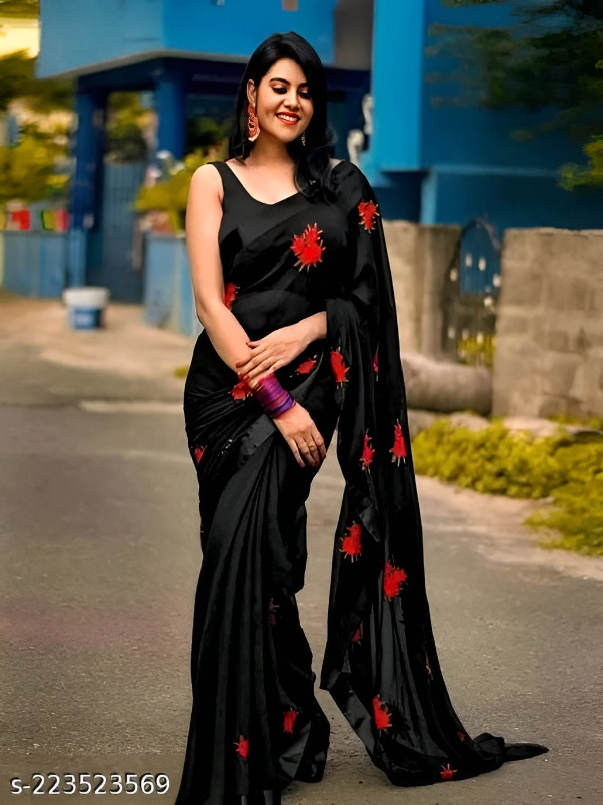 Party Wear Black Color Georgette Chiffon Silk Saree OrderMeFirst