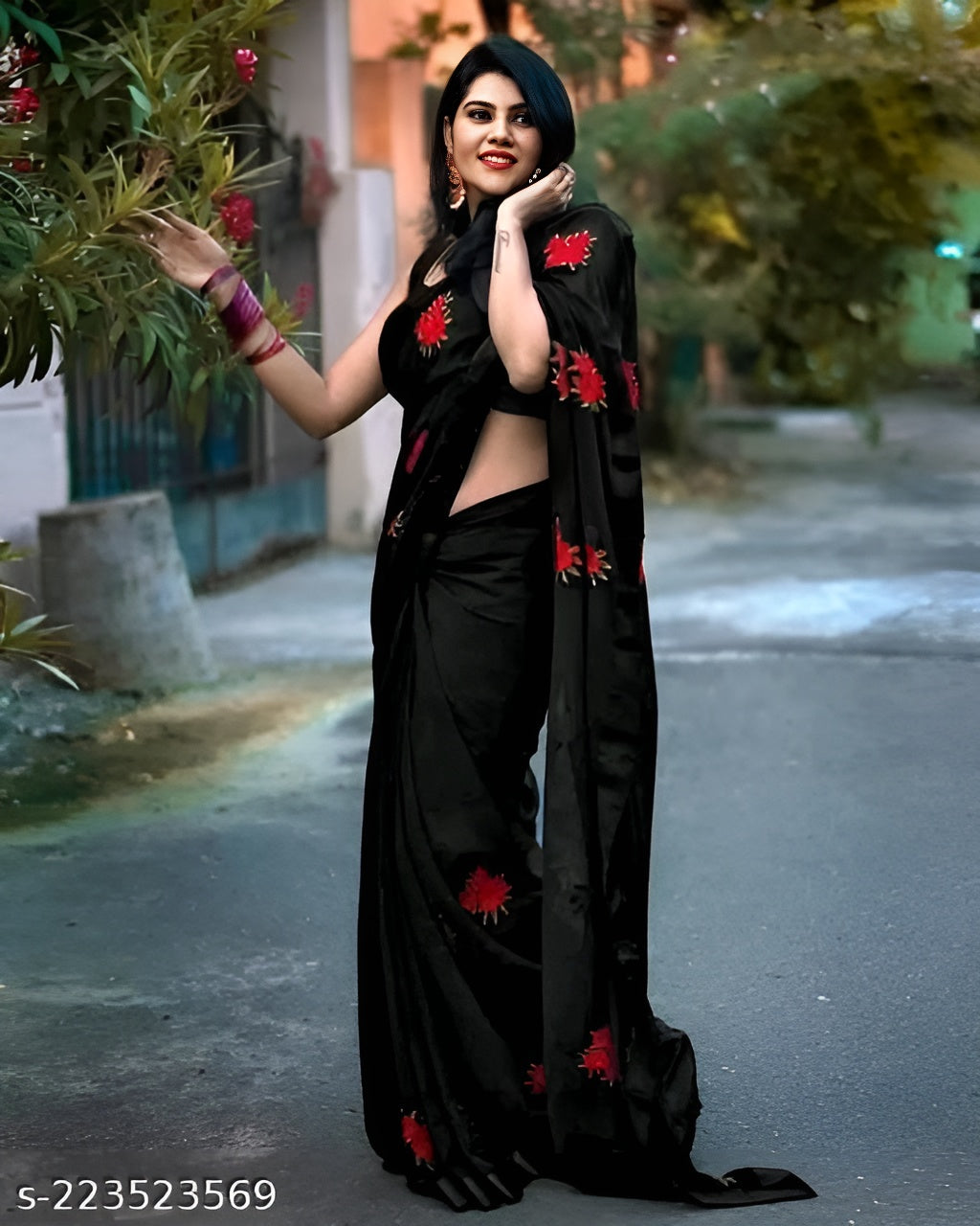 Party Wear Black Color Georgette Chiffon Silk Saree OrderMeFirst