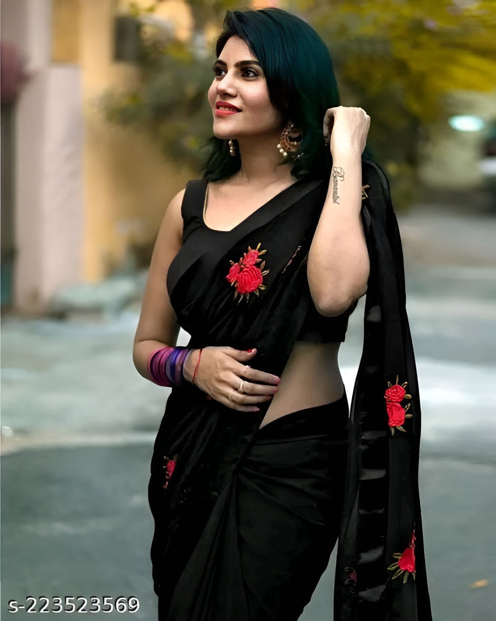 Party Wear Black Color Georgette Chiffon Silk Saree OrderMeFirst