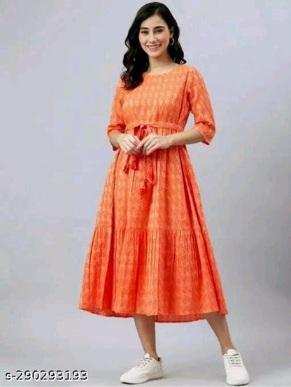 Rayon Printed Stylish Orange Kurti Dress For Women OrderMeFirst