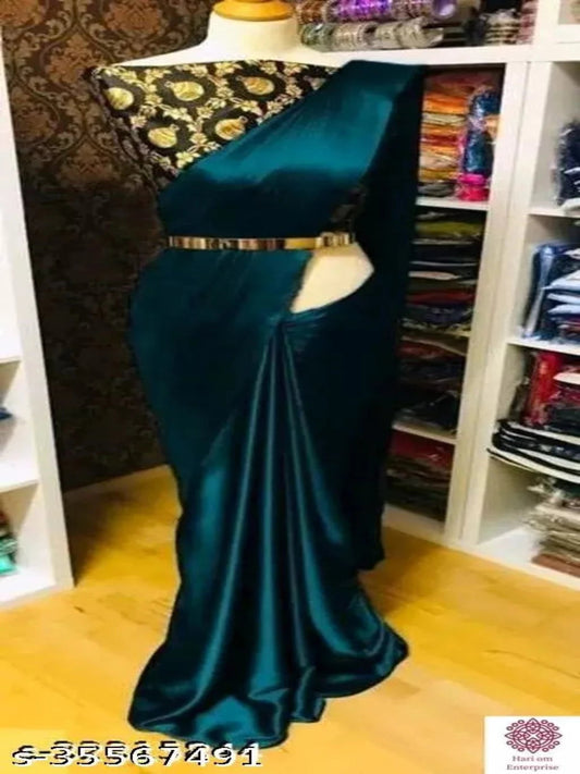 ShreeJi ETP Belt Style Satin Silk Teal Saree With Blouse OrderMeFirst