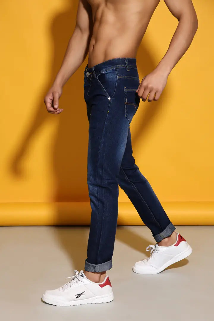 Sobbers Men's Denim Mid Wash Slim Fit  Dark Blue Jeans OrderMeFirst