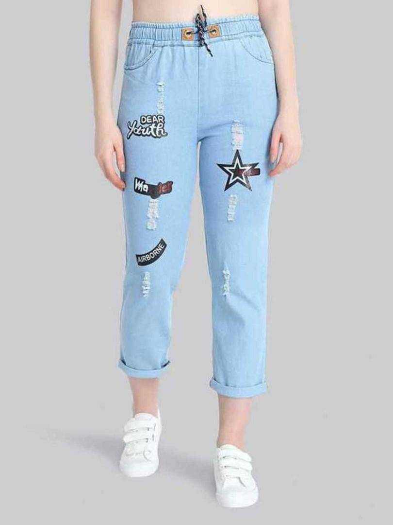 Solid Light Blue Star Joggers for Women OrderMeFirst