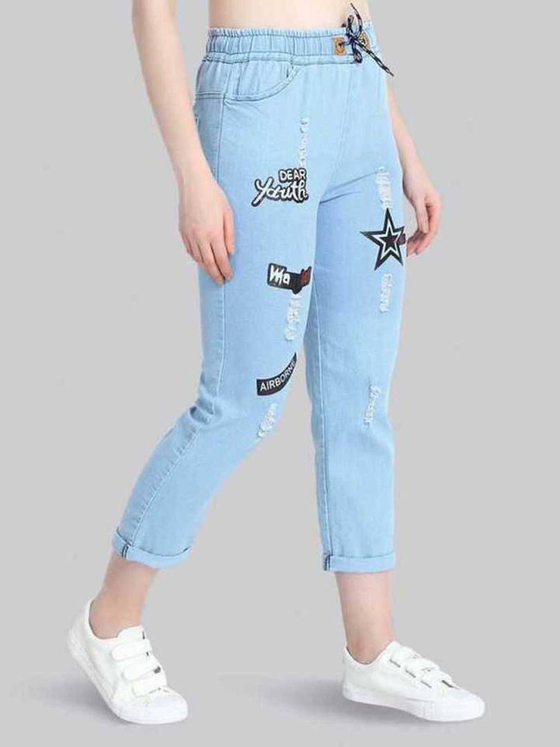 Solid Light Blue Star Joggers for Women OrderMeFirst