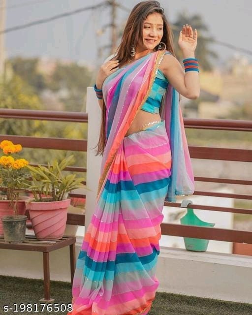 Striped Bollywood Georgette Sequence Digital Print Saree OrderMeFirst