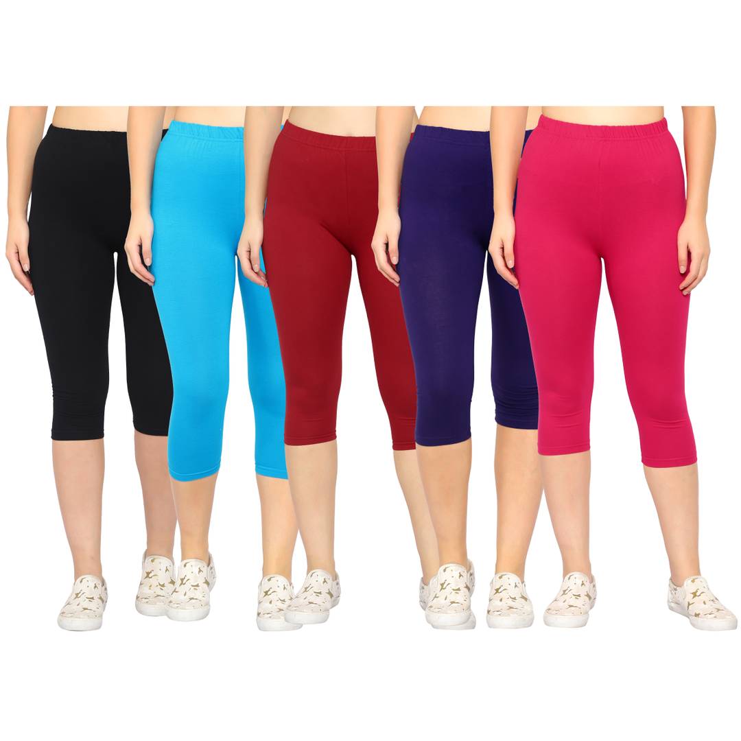 Stylish Cotton Lycra Multicoloured Solid Mid-Rise 3/4 Capri For Women- Pack of 5 OrderMeFirst