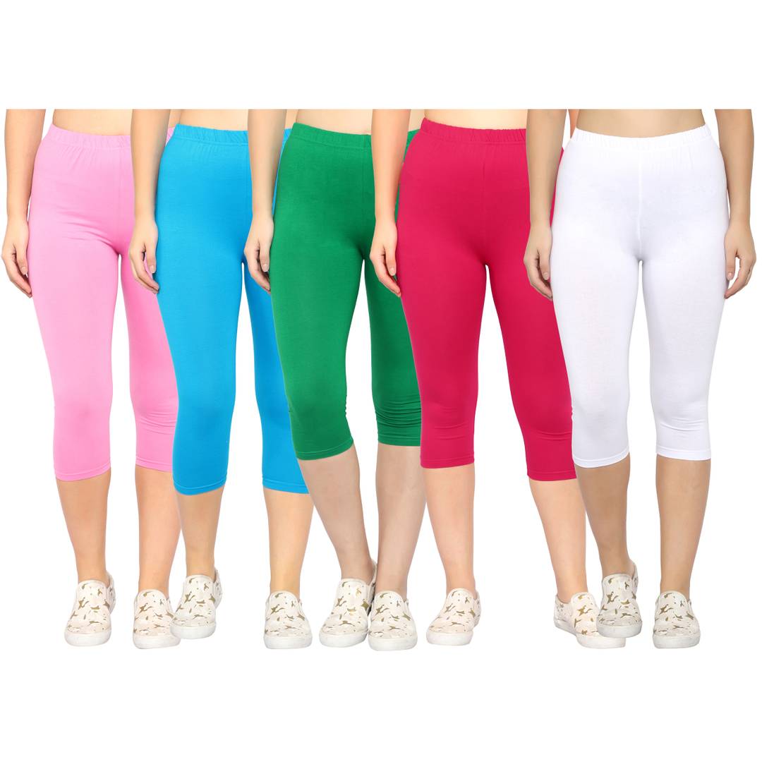 Stylish Cotton Lycra Multicoloured Solid Mid-Rise 3/4 Capri For Women- Pack of 5 OrderMeFirst