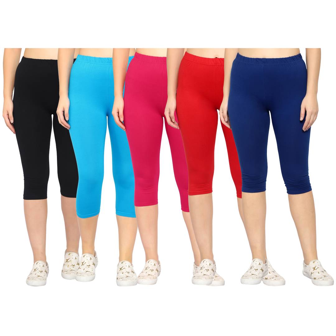 Stylish Cotton Lycra Multicoloured Solid Mid-Rise 3/4 Capri For Women- Pack of 5 OrderMeFirst